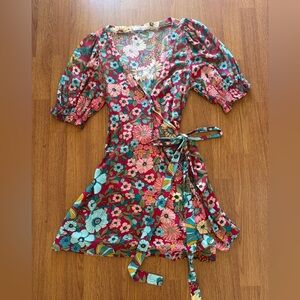 NATURAL LIFE Pink & Teal Floral Print Wrap Dress Size Large